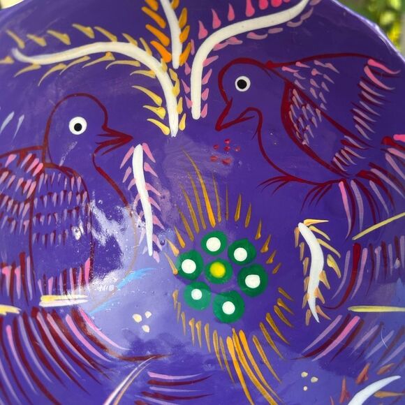 Talavera Mexican Pottery Salsa Bowl Footed Hand Painted Trinket Red Purple Birds - Picture 14 of 16